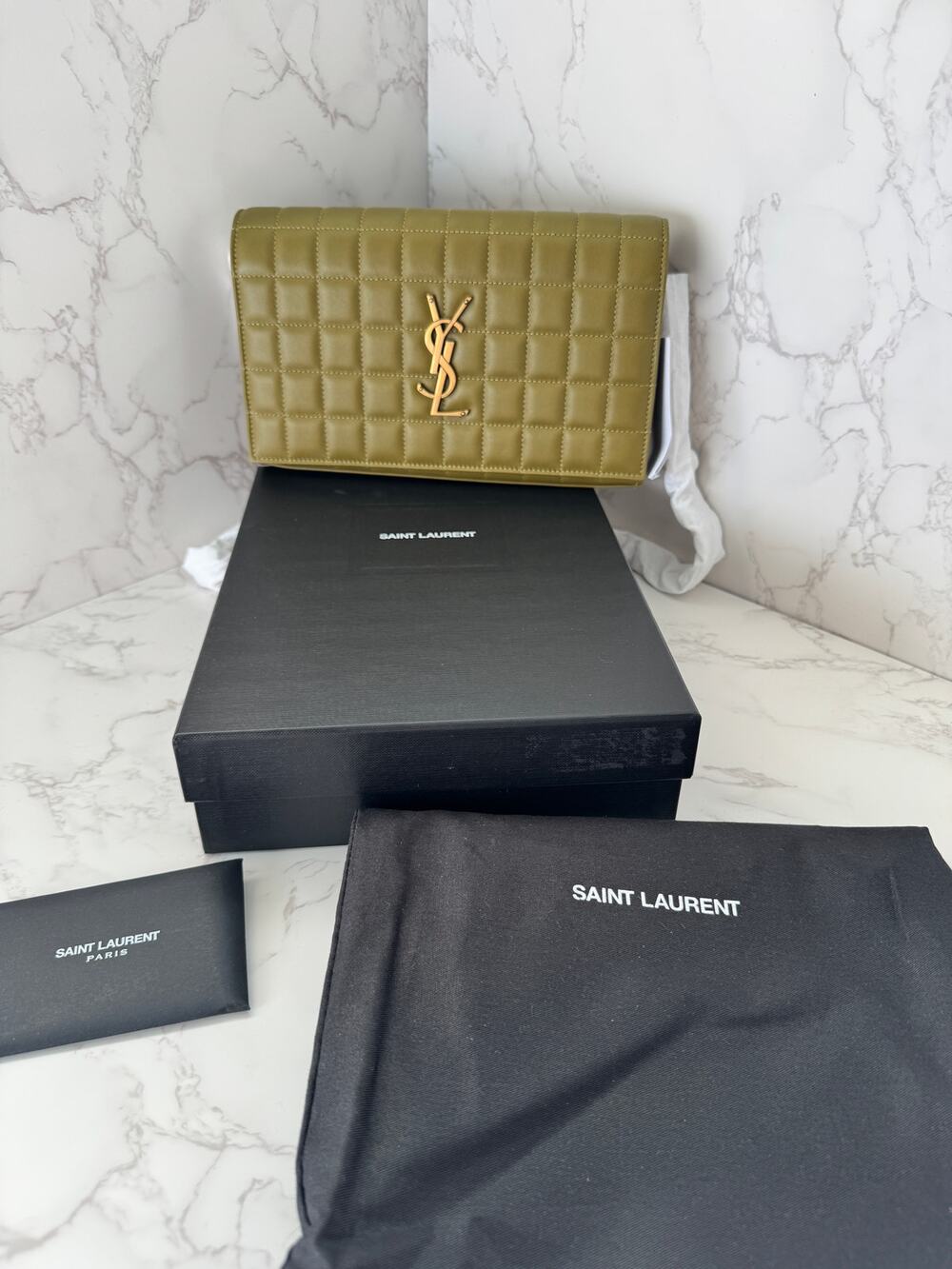 YSL Quilted Carre Cassandre Chain Wallet in Olive Green
